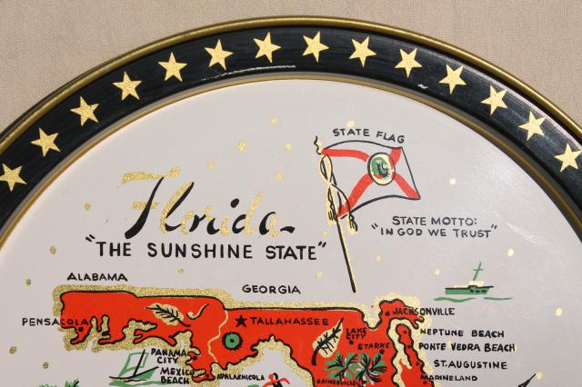 vintage Florida map state souvenirs, round metal trays w/ retro litho print design
