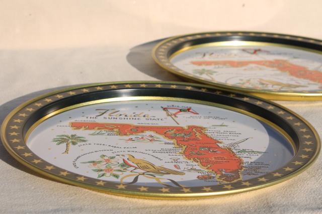 vintage Florida map state souvenirs, round metal trays w/ retro litho print design