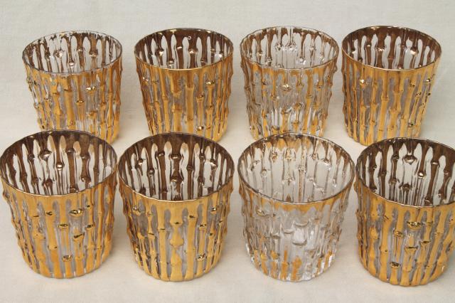 vintage Imperial Bambu gold bamboo old fashioneds, retro drinking glasses bar glassware set of 8