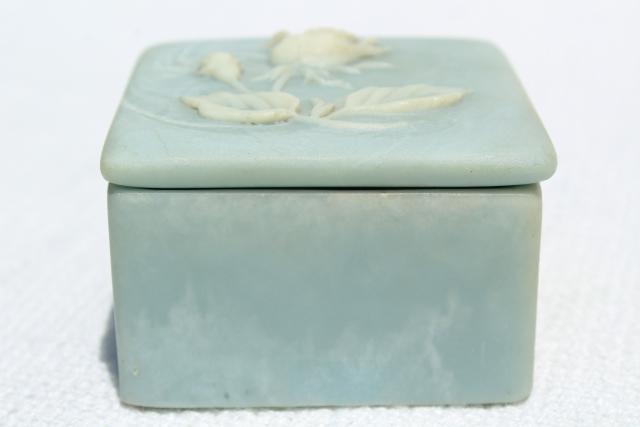 vintage Incolay jewelry boxes, unicorn music box & rose cameo, blue & white marble
