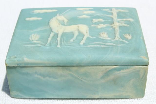 vintage Incolay jewelry boxes, unicorn music box & rose cameo, blue & white marble