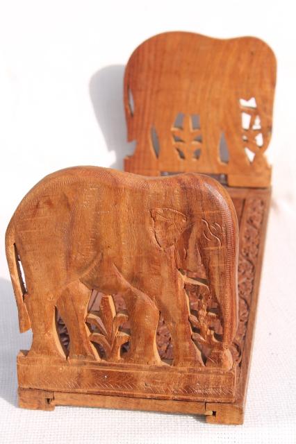 vintage India folding wood book stand w/ hand carved Indian elephants