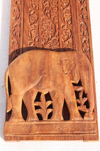 vintage India folding wood book stand w/ hand carved Indian elephants