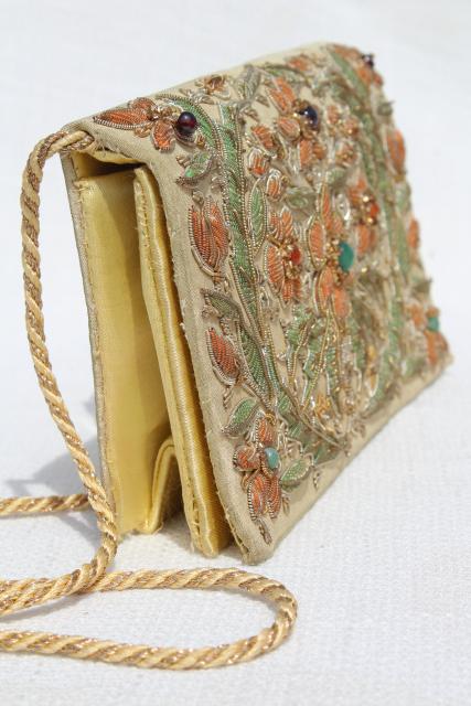 vintage India silk shoulder bag clutch purse w/ metal embroidery and gemstone beads