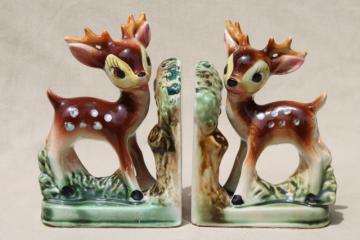 vintage Japan ceramic baby deer bookends, hand-painted spotted fawn book ends set