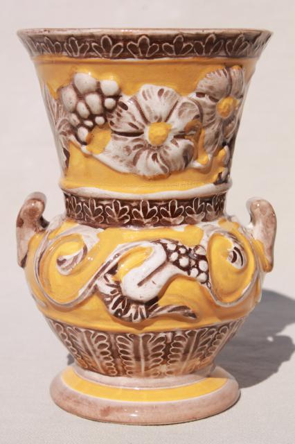 vintage Japan hand painted ceramic vase, majolica style pottery urn daisies on yellow
