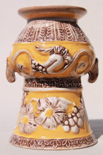 vintage Japan hand painted ceramic vase, majolica style pottery urn daisies on yellow