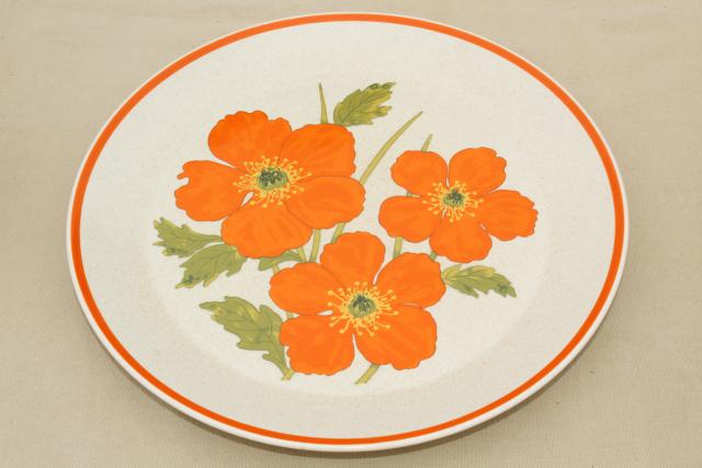 vintage Lenox stoneware dinnerware set, fire flower mod orange flowers, 60s Vera style
