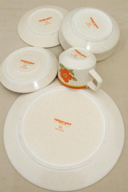 vintage Lenox stoneware dinnerware set, fire flower mod orange flowers, 60s Vera style
