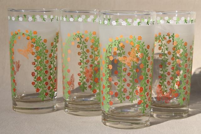 vintage Libbey drinking glasses, 70s retro butterfly & arch of flowers pattern tumblers set