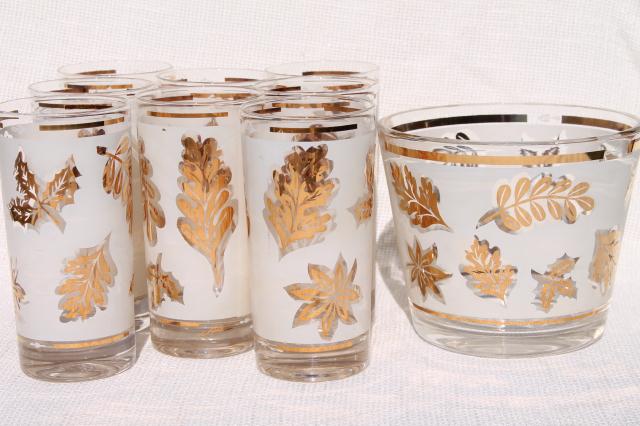 vintage Libbey glass Golden Foliage gold leaf leaves print drinking glasses set in carrier rack 