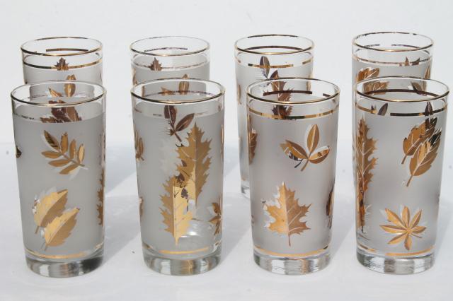vintage Libbey glass Golden Foliage gold leaf leaves print drinking glasses set in carrier rack