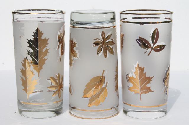 vintage Libbey glass Golden Foliage gold leaf leaves print drinking glasses set in carrier rack