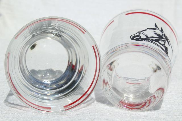 vintage Libbey glass drinking glasses, Derby winner horse head w/ red band