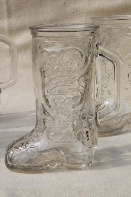 vintage Libbey glass mugs, western cowboy boots boot shaped drinking glasses