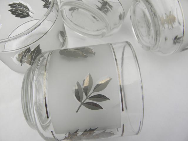 vintage Libbey silver foliage leaf print glasses, old-fashioned lowball tumblers
