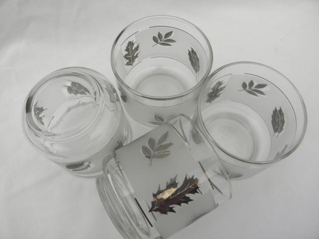 vintage Libbey silver foliage leaf print glasses, old-fashioned lowball tumblers