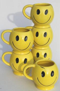 vintage McCoy pottery mugs, 70s retro yellow smiley face ceramic coffee cups set of 6