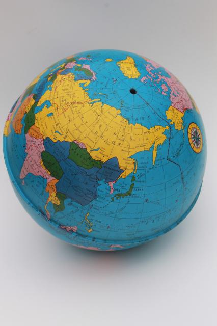 vintage Ohio Art tin globe, metal litho print world map globe ball w/ no stand