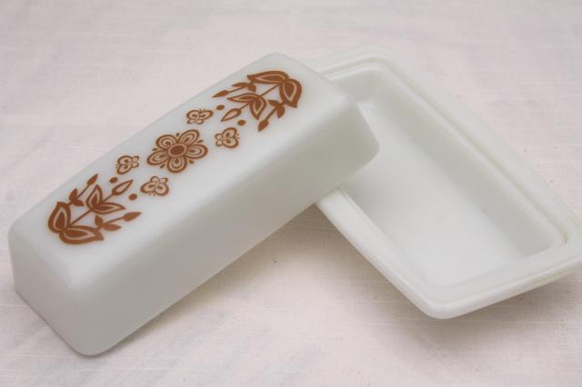 vintage Pyrex butterfly gold print butter dish, Corelle dishes go-along