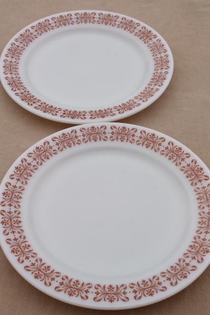 vintage Pyrex copper filigree pattern dinner plates, retro milk glass dishes