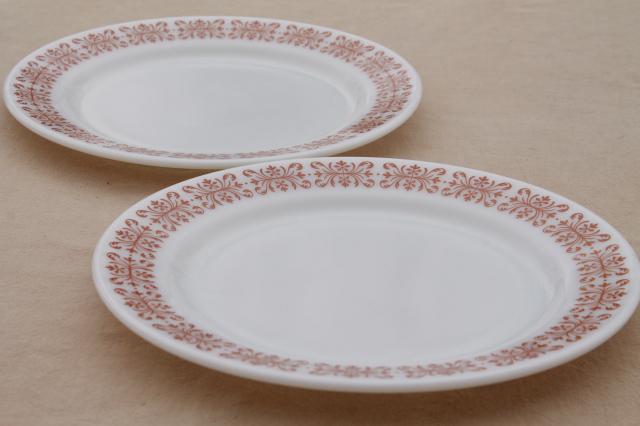 vintage Pyrex copper filigree pattern dinner plates, retro milk glass dishes