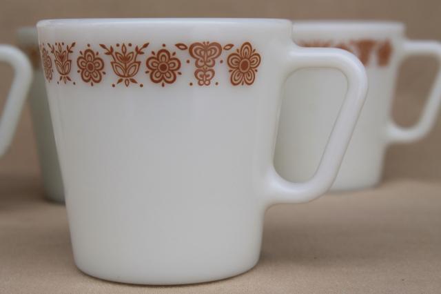 vintage Pyrex heavy milk glass coffee cups, Corelle butterfly gold mugs