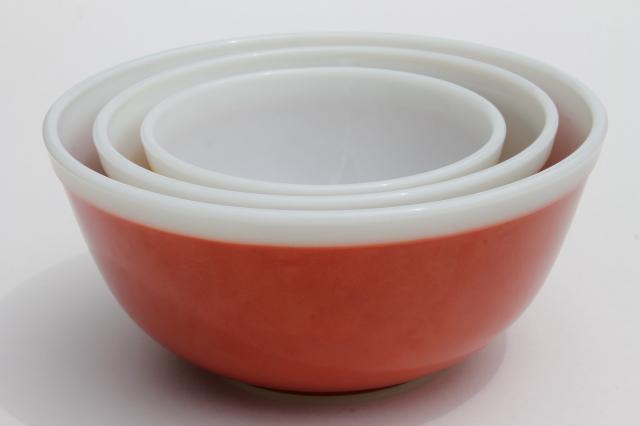 vintage Pyrex nesting bowls, white rim band solid colors Americana harvest gold, green, orange