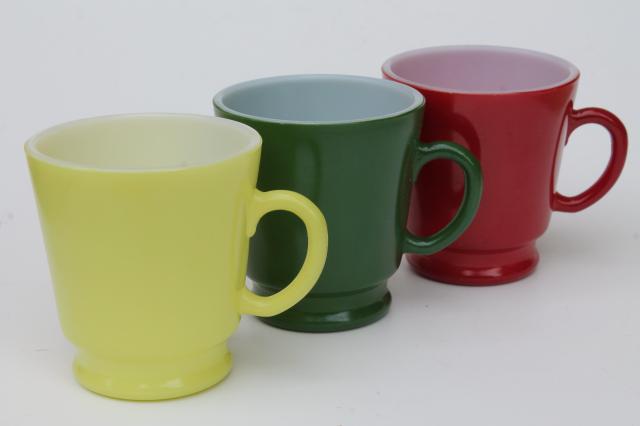 vintage Pyrex type kitchen glass cups, set of Hazel Atlas small coffee mugs in retro colors