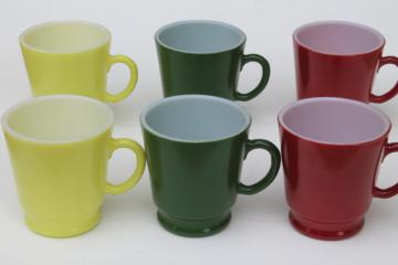 vintage Pyrex type kitchen glass cups, set of Hazel Atlas small coffee mugs in retro colors