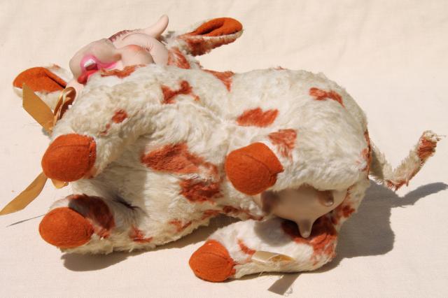 vintage Rushton rubber face toy, Daisy silly cow toothy grin calf, kitschy retro stuffed animal
