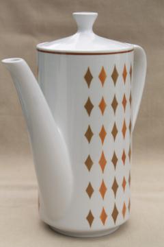 vintage Safari Mikasa Cera-Stone Japan ceramic coffee pot, mod harlequin diamonds pattern