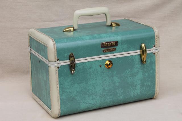 vintage Samsonite luggage, vanity train case makeup kit w/ mirror, box bag suitcase 