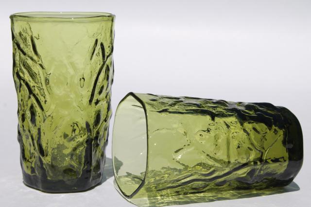 vintage Seneca driftwood crinkle tumblers,avocado green drinking glasses set of 12