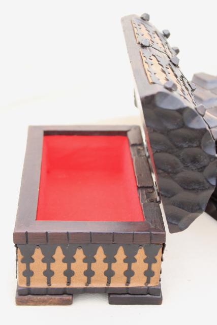vintage Spanish leather covered carved wood boxes w/ medieval renaissance gothic style