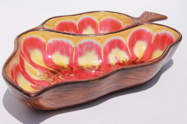 vintage Treasure Craft USA ceramic leaf dish, wood grain w/ psychedelic drip glaze!