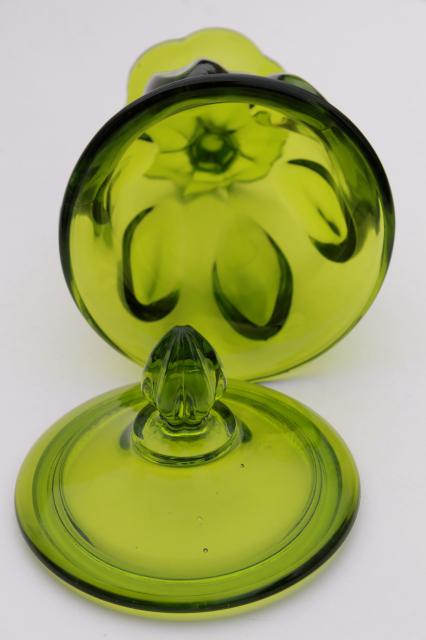 vintage Viking glass Epic line covered candy dish, retro green glass, mod genie bottle shape