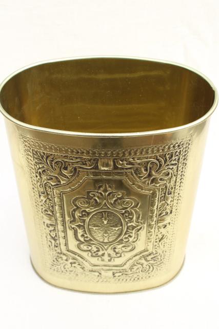 vintage Weibro metal wastebasket trash can gold brass color embossed gothic design
