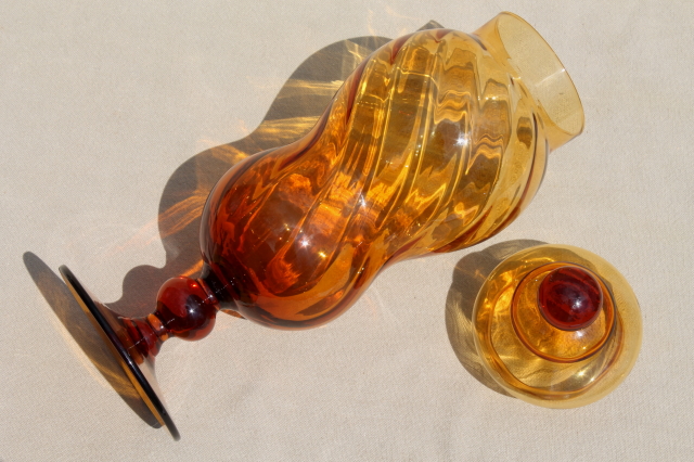 Vintage amber glass apothecary jar, tall mod genie bottle shape, retro Italian art glass