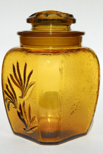 vintage amber glass canister jars set, Sandscroll textured glass canisters L E Smith 1960s 70s