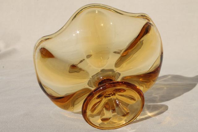 vintage amber glass compote bowl or candy dish, 60s mod Viking art glass