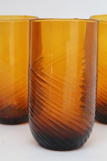 Vintage amber glass drinking glasses, swirled blown glass tumblers set