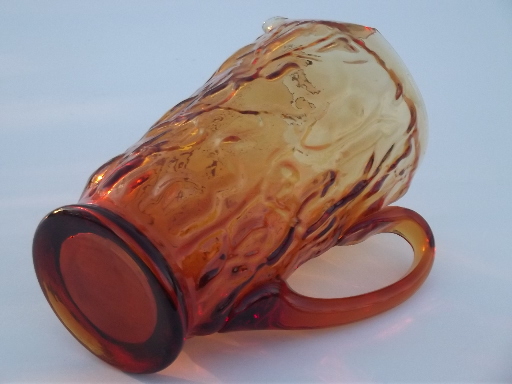 Vintage amber glass pitcher, 60s 70s retro crinkle textured glass