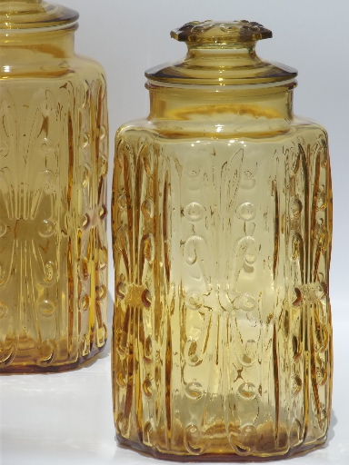 Vintage amber glass tall canisters, kitchen canister jars set of 4