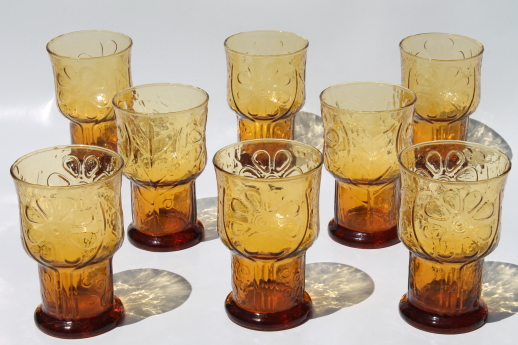 Vintage amber glass tumblers, Libbey country garden drinking glasses set of 8