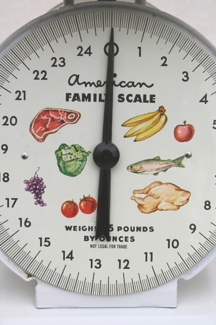 Vintage American Family kitchen scale w/ great graphics, 25 lb platform scale