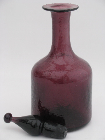 Vintage amethyst Blenko crackle glass decanter bottle w/ fancy stopper