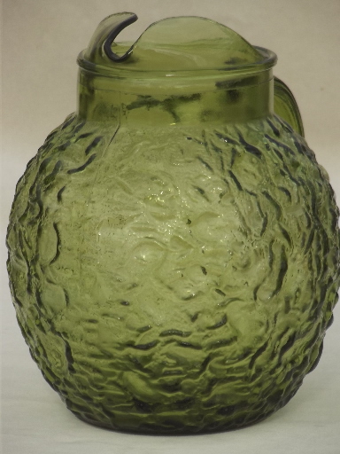 Vintage Anchor Hocking Lido crinkle glass pitcher, retro avocado green glass