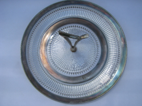 Vintage Anniversary pattern silver band glass sandwich server plate w/ handle