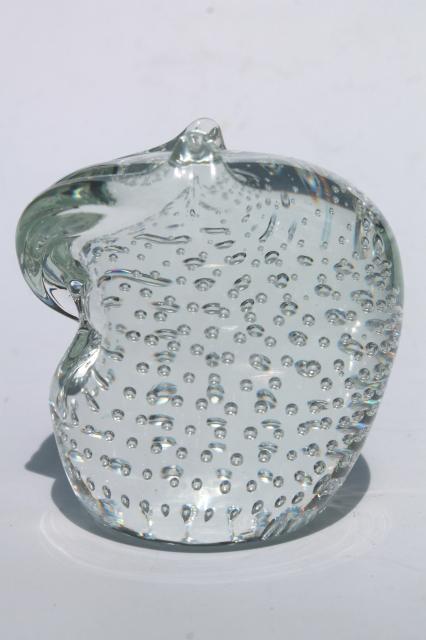 vintage art glass owl paperweight, crystal clear hand-blown glass w/ controlled bubbles